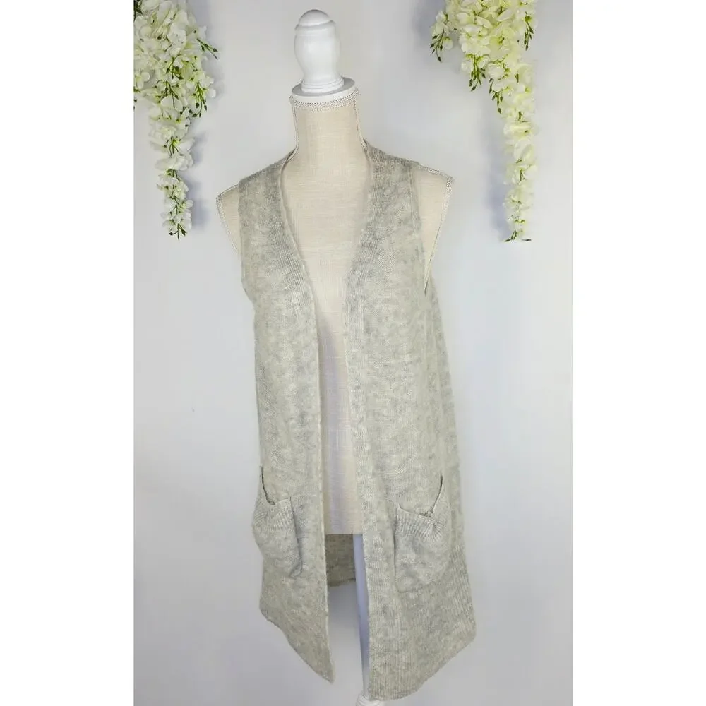 Lucky Brand Sweater Vest Small Gray Wool Blend Open Front Long Pockets Boho Chic